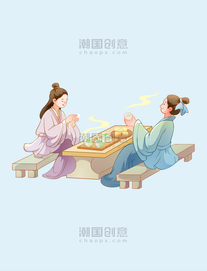 中国风传统汉族古人物饮茶插画元素