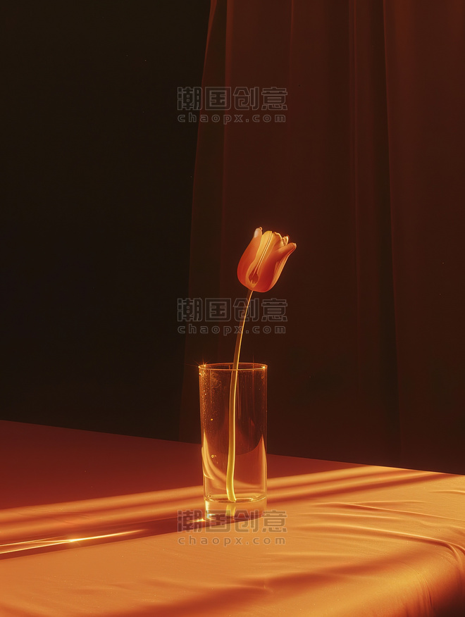 创意一朵郁金香插在长玻璃杯插画海报