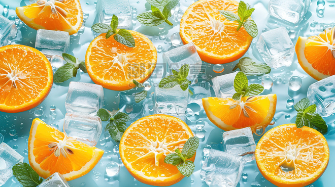夏天清凉水果切片的橙子冰块薄荷叶摄影配图