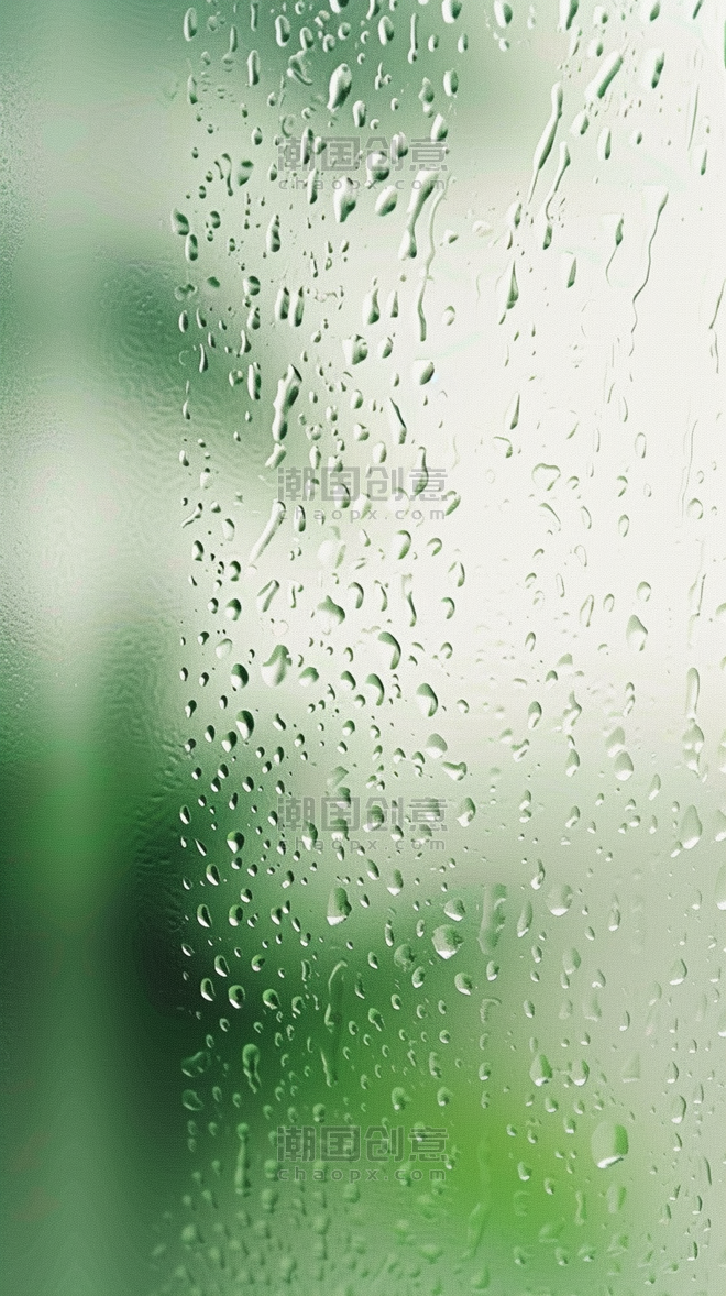创意抽象梦幻朦胧下雨春天绿色玻璃窗上的雨点背景