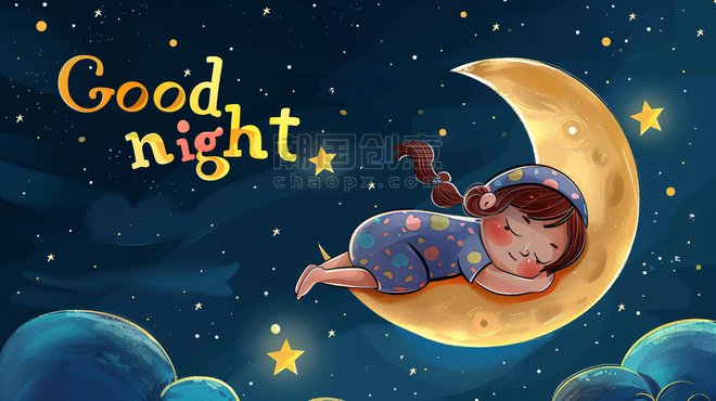 创意夜晚安睡的小女孩睡觉睡眠卡通童话插画7