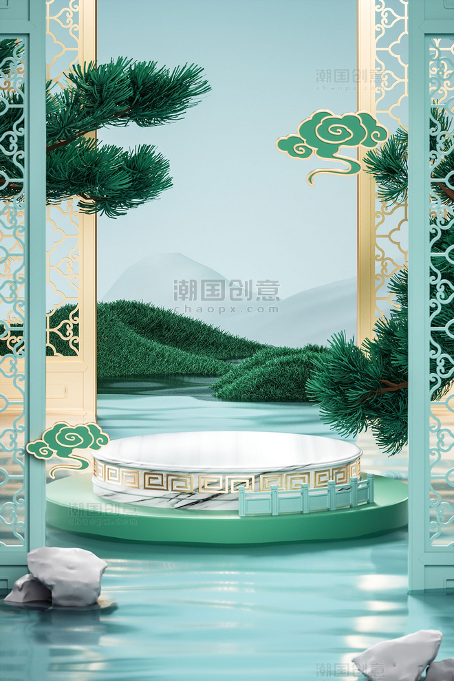 3D立体复古中国风中式清明节清新展台电商促销背景