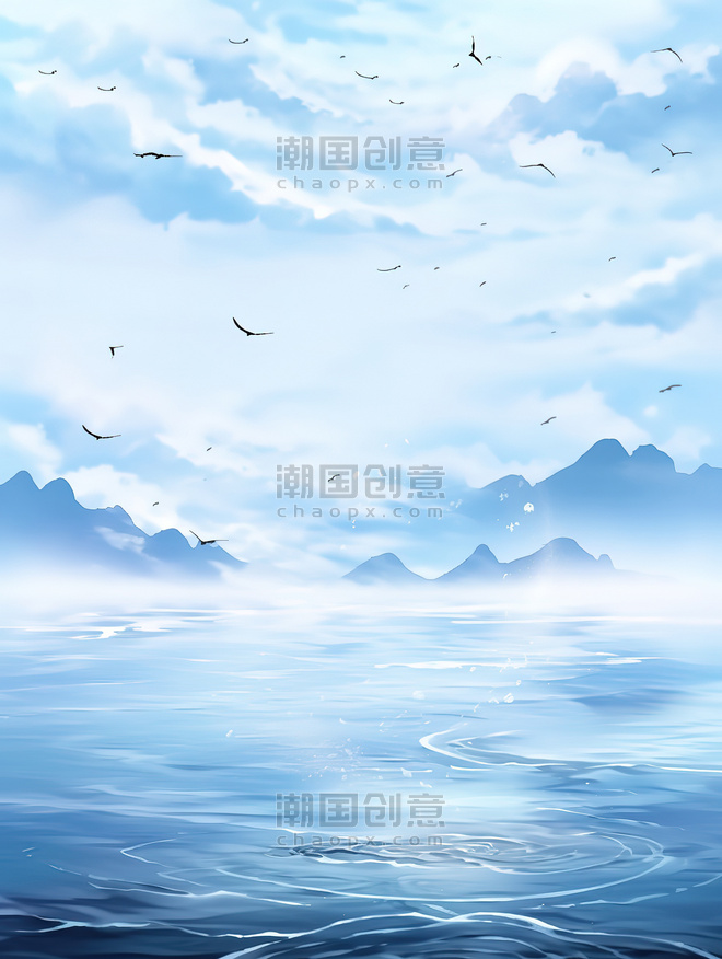创意水彩蓝天大海水和天空同色水波背景图12