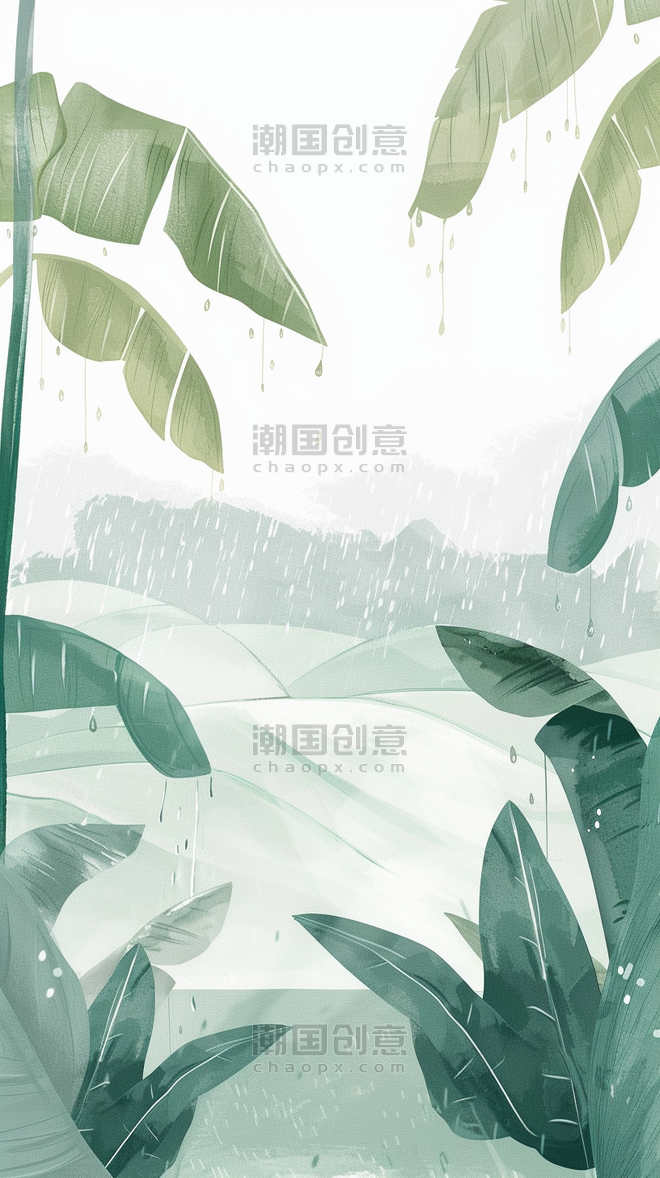 创意春天谷雨节气雨中绿植芭蕉叶植物夏天下雨背景图