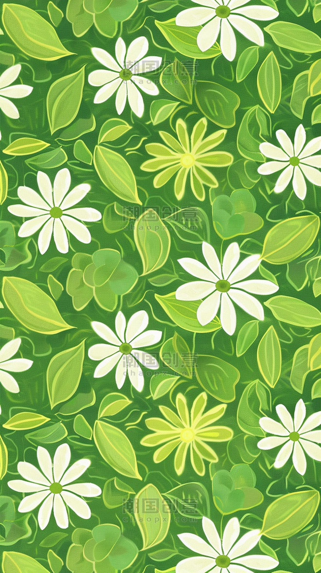 创意春天花朵绿叶平铺无缝底纹设计卡通背景
