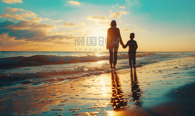 创意海边牵手的母子背影母亲节大海散步