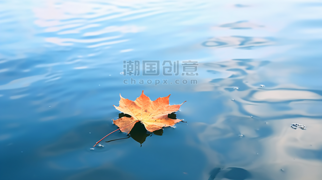 创意一叶知秋蓝色水面上的一片叶子大海水面水波海浪文艺背景