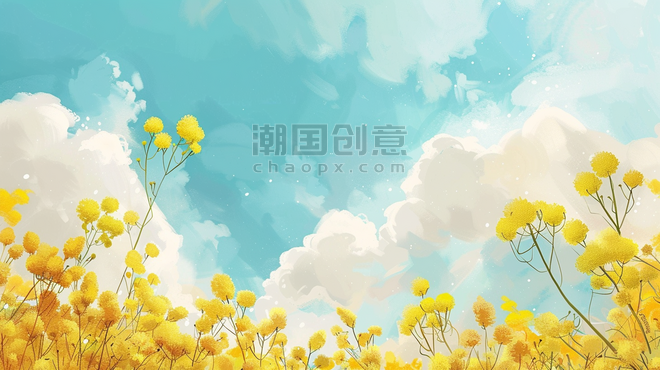 创意春天手绘油菜花蓝天白云树枝花草的背景16