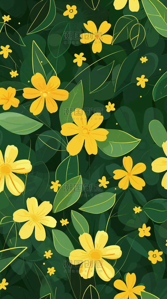 创意春天花朵绿叶植物平铺无缝底纹背景图片