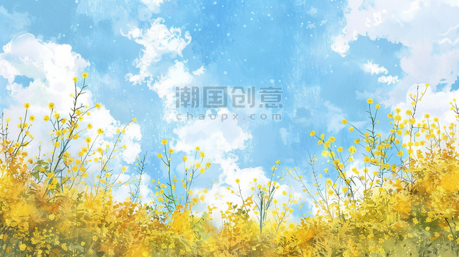 创意春天手绘蓝天白云树枝花草的油菜花背景19