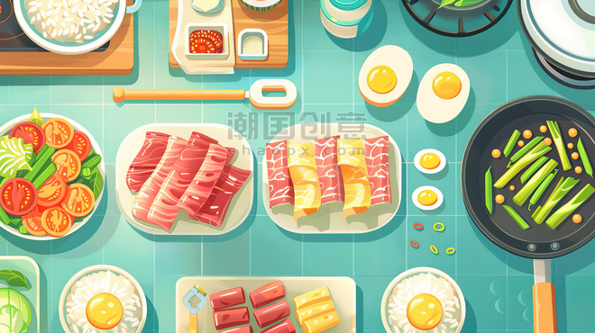创意美食火锅材料游戏桌面蔬菜肉类插画设计