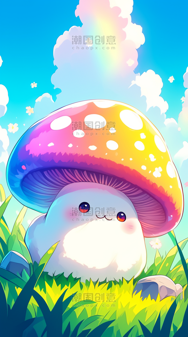 创意可爱风春天彩色鲜艳的卡通大蘑菇背景