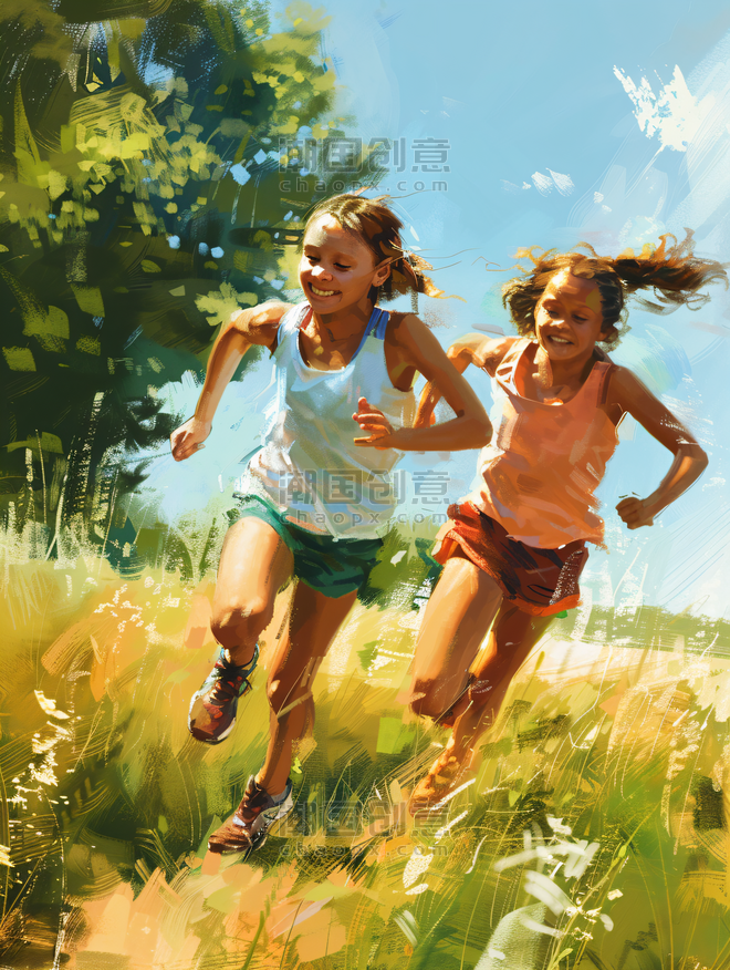创意油画夏令营跑步儿童节开心孩子奔跑运动田野
