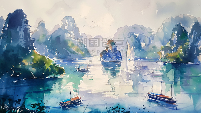 创意水彩桂林阳朔手绘绘画风景景区山水优美的插画10