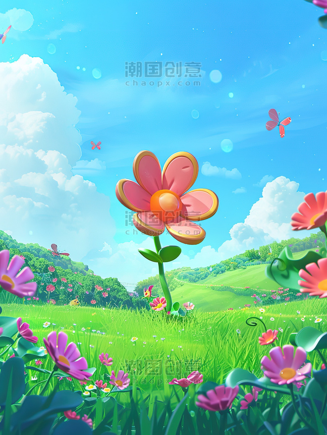 创意春天蓝天巨大的花朵草地草坪公园卡通插画