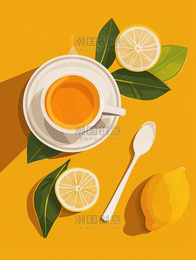 夏天黄色茶饮类创意柠檬生姜茶养生茶插画