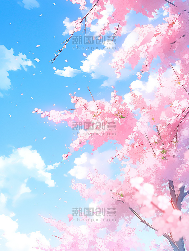 浪漫唯美中国风创意粉色樱花树浪漫春天插画设计