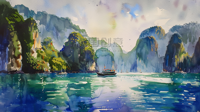创意手绘绘画风景水彩桂林阳朔景区山水优美的插画16