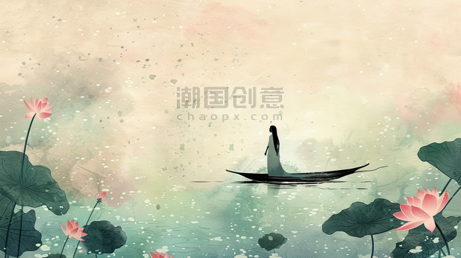 水彩中国风绘画国画艺术古风女子小船的插画2