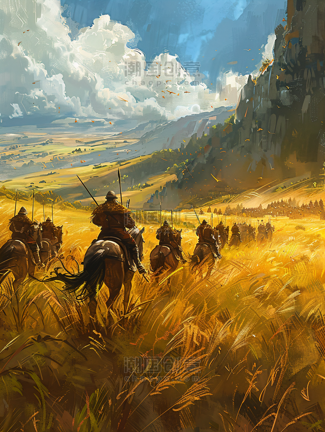 创意辽阔的草原与马队水彩战争古代士兵骑兵