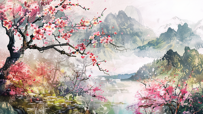 创意彩色中国风盛开的樱花风景水彩春天桃花山水插画