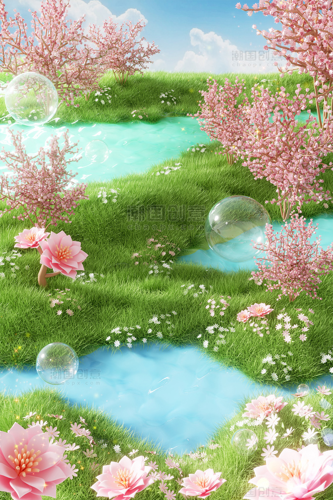 春天小清新3D立体樱花植物户外场景