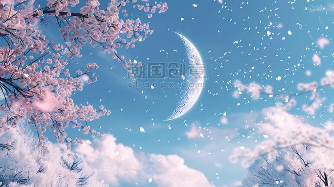 创意粉蓝色树木唯美月亮天空的樱花浪漫背景