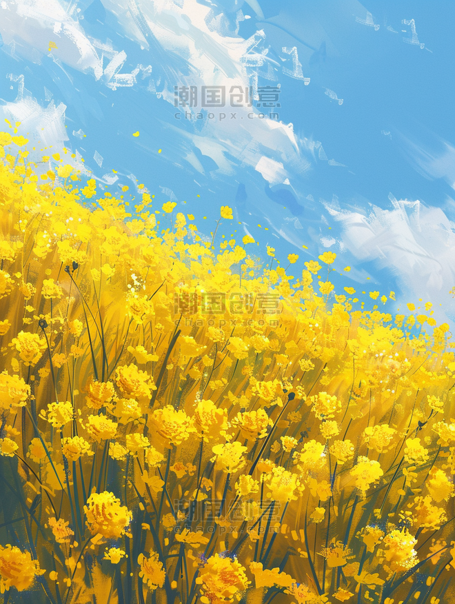 创意蓝天春天春季油菜花白云下户外黄色花朵花丛的背景