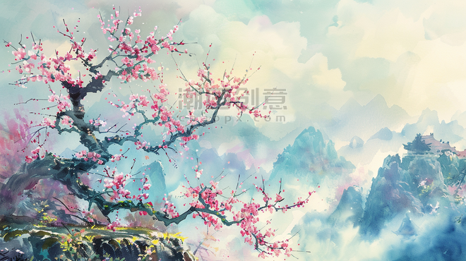 水彩创意彩色中国风盛开的樱花风景插画春天美景