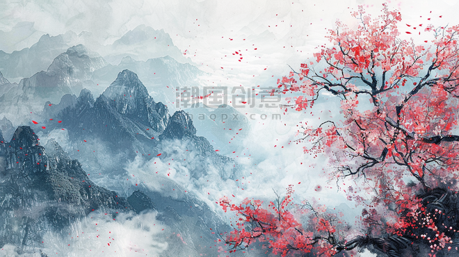 创意彩色水彩中国风盛开的樱花风景插画春天美景