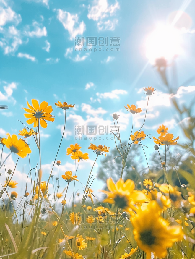 创意蓝天春天春季白云下户外黄色花朵花丛的背景