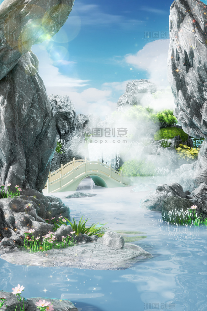 春季春天中国风山水国潮户外3D立体岩石景观风景建筑场景