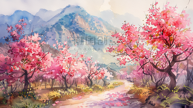 水彩春天桃花山水中国风盛开的樱花风景插画