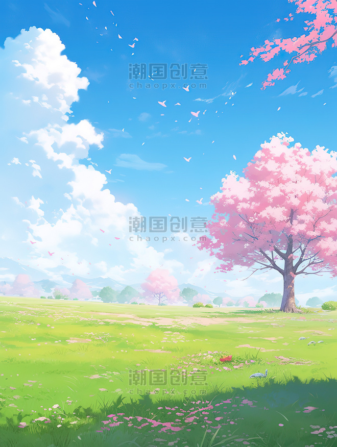 浪漫唯美卡通春天唯美的樱花草坪草地卡通素材