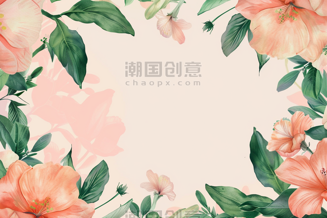 创意春天绿色花朵植物浅色背景粉色水彩植物边框插画