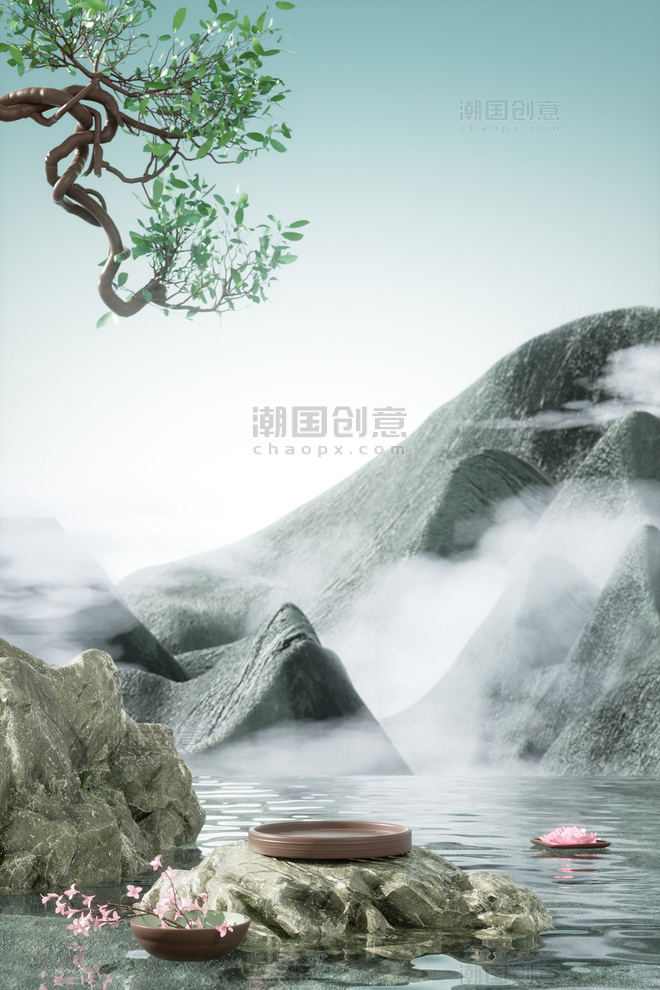 3D立体C4D中国风水面岩石礁石场景背景