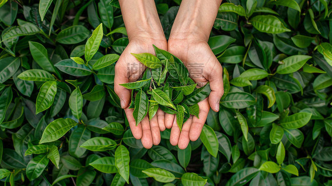 创意茶农茶园植物叶子手捧清香茶叶立体描绘摄影照片