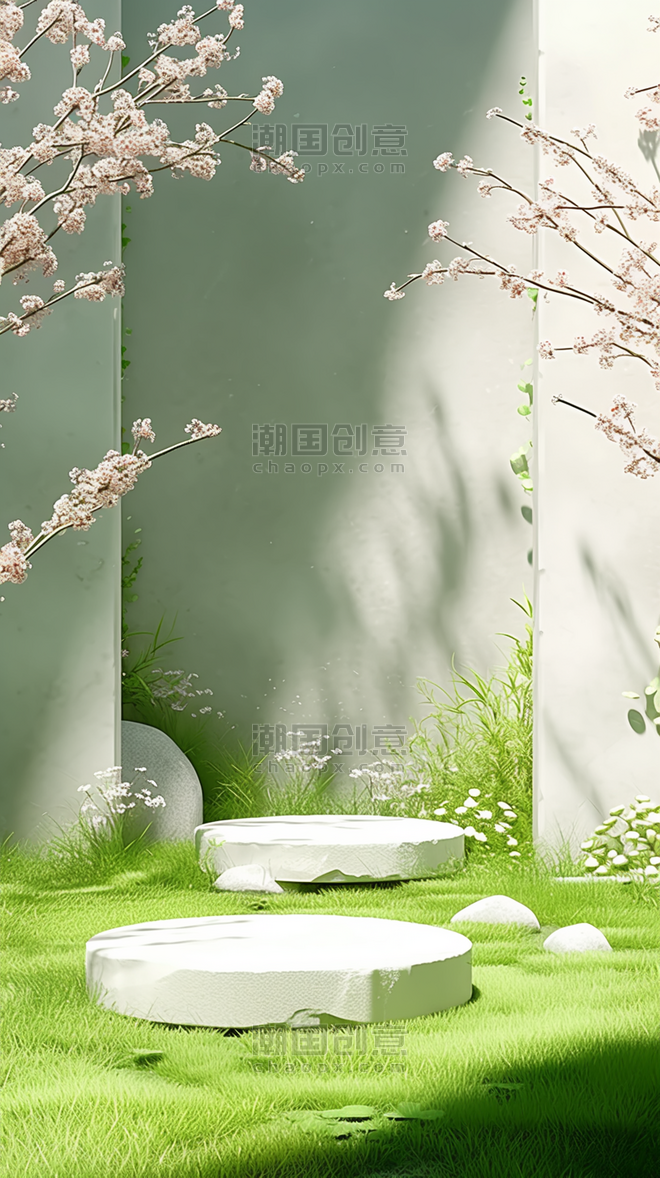 创意3D春天樱花花枝促销电商展台背景图片绿色