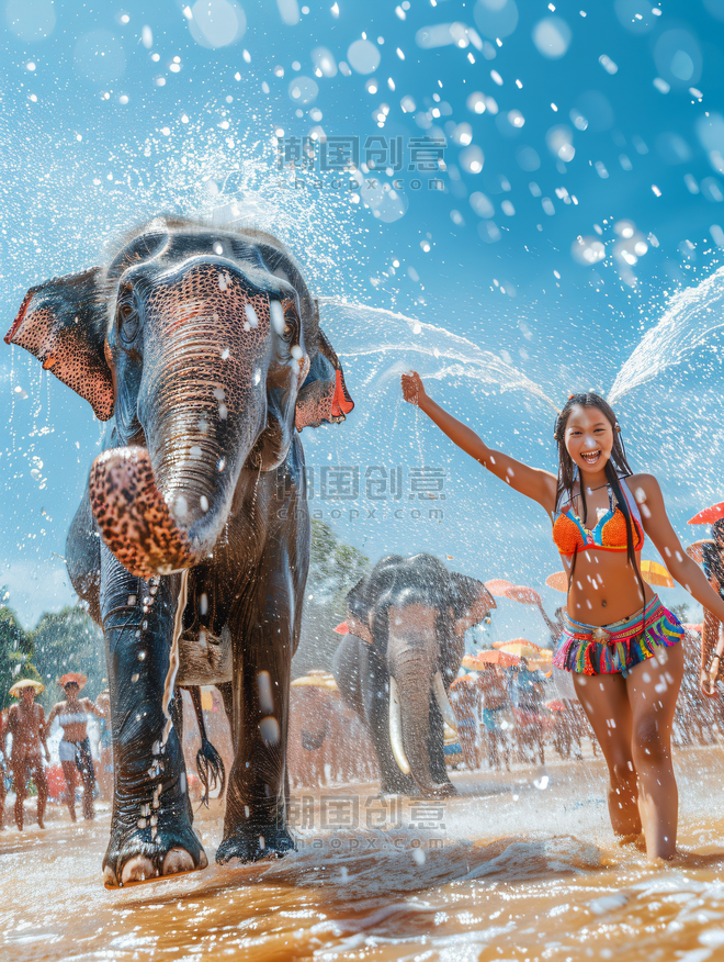 创意泼水节傣族姑娘大象庆祝传统节日庆典民族传统节日习俗