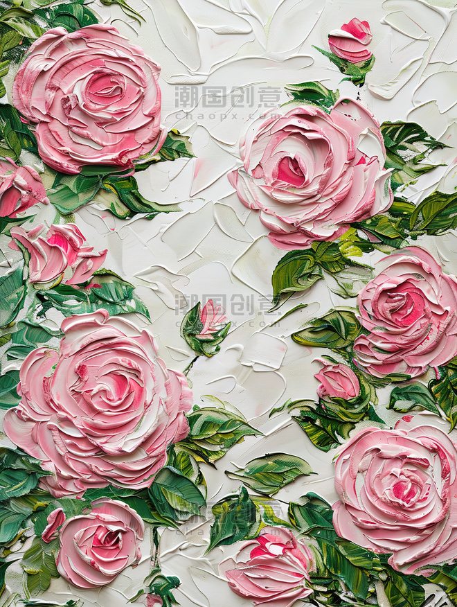 浪漫唯美粉红色玫瑰油画花朵春天插画海报