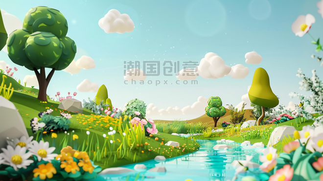 创意春天可爱风3D渲染公园湖泊风景场景设计图