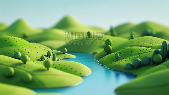 空镜大气企业商务宣传抽象3D渲染春天绿色梯田茶园风景场景背景图