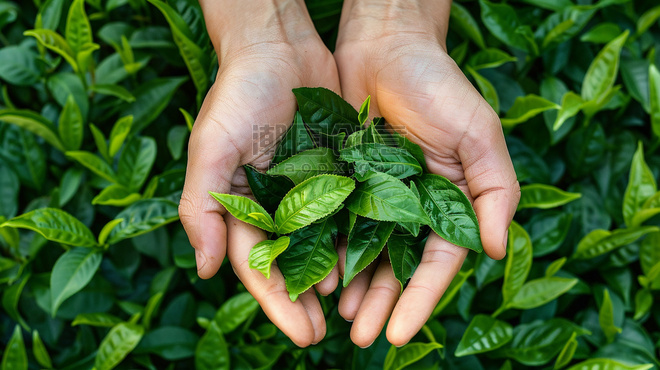 创意手捧清香茶叶立体描绘摄影照片茶农茶园植物叶子