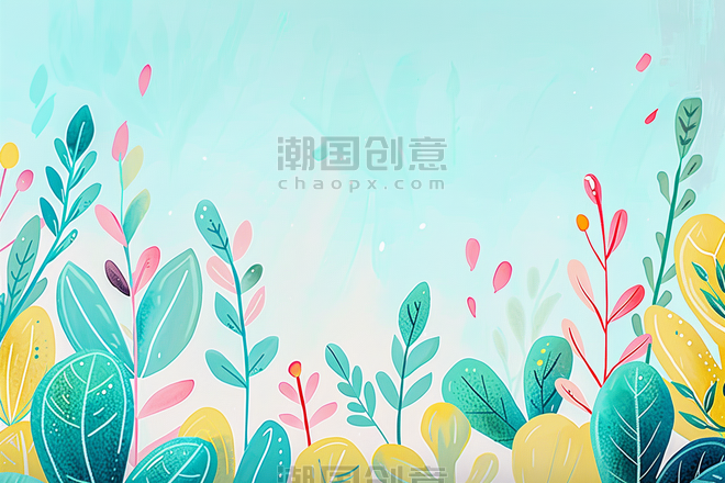 创意水彩植物边框春天植物花朵浅色背景海报