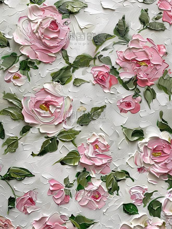 浪漫唯美粉红色玫瑰油画花朵春天素材