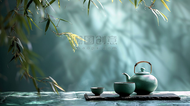 创意青色茶具立体描绘摄影照片