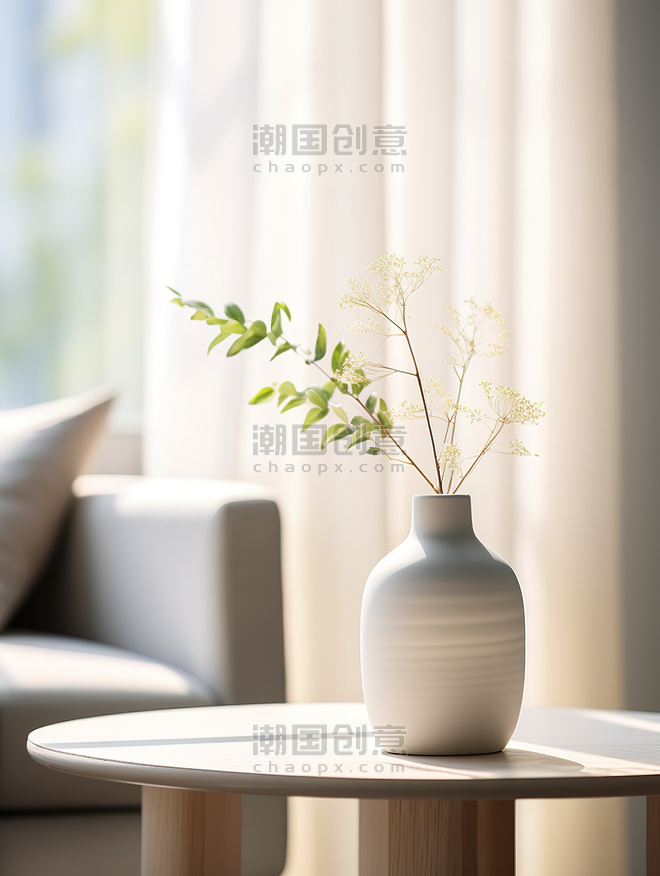 创意明亮客厅的桌子陶瓷花瓶家居简约原木风背景