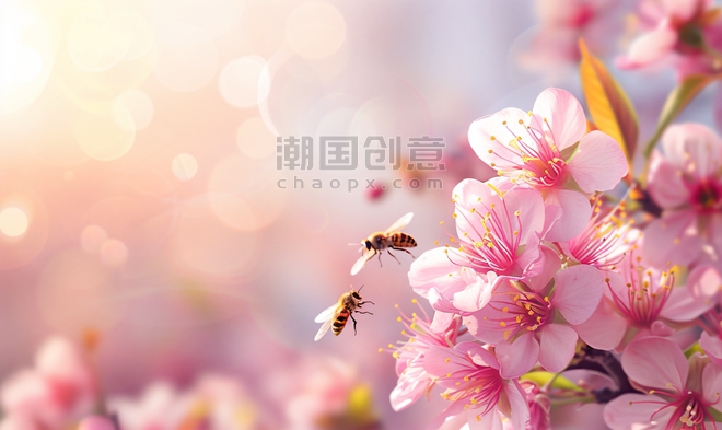 创意春天樱花惊蛰蜜蜂桃花摄影图