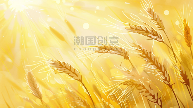 创意手绘绘画稻田里麦穗的丰收农田麦田农业稻田插画