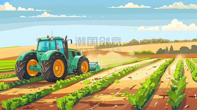 创意彩色手绘绘画田野里农拖拉机农业春耕的插画